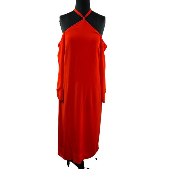 & Other Stories Orange Red Halter Midi Dress Cold Off-Shoulder Pullover Size 8 - Picture 2 of 11